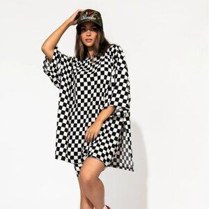 Dressed in Lala Malone Ribbed Biker Set in Black + White Checkerboard